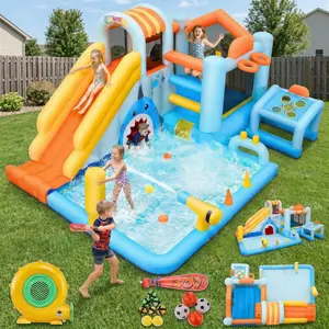 Whubefy 14 in 1 Inflatable Bounce House for Kids, Shark-Themed Water Slide with Long Slide, Shark Tunnel, Soccer Goal, Punching, Circle, Baseball Game, Blower Included for Indoor Outdoor Park Backyard Party Summer Fun, Birthday Gifts