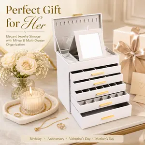 BOOVO Large Jewelry Box Organizer - 6 Layer Multi Compartment Design with Mirror for Necklace Earrings & Bracelets Storage White Jewelry Boxes & Organizers for Women
