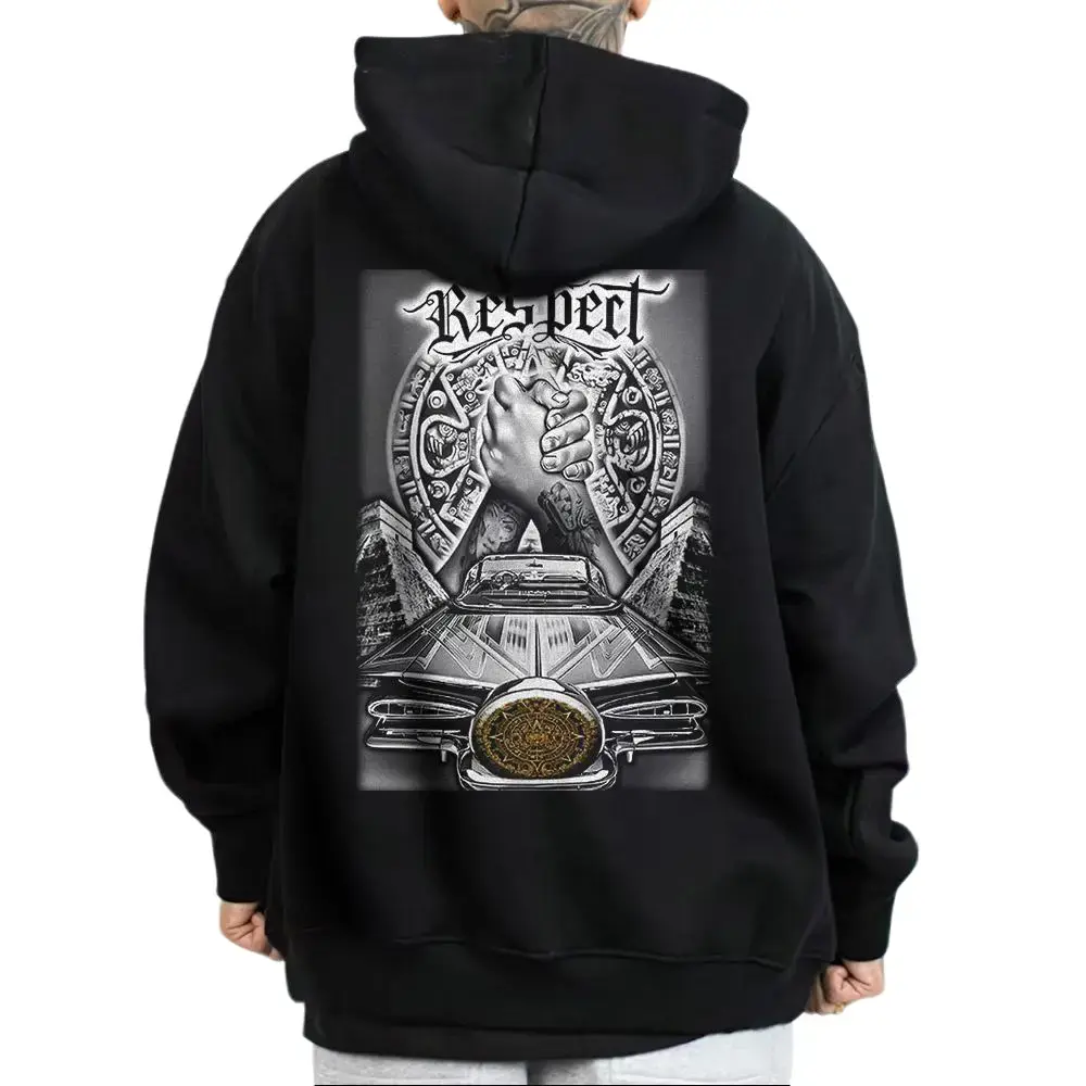 Unisex Graphic Hoodie with Respect Brown Pride Low Rider Design, Chicano Style Long Sleeve Pullover Top, Cotton-Polyester Fabric