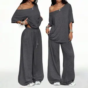 Women's Casual Solid Color Sport Two-Piece Set, Loose Long Pants & Wide Leg Slant Neck Pant Suit