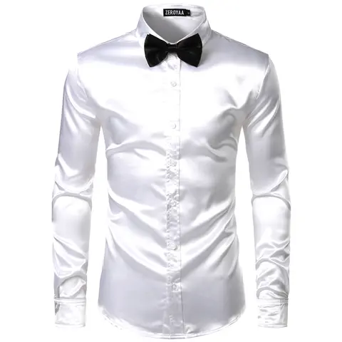 ZEROYAA Men's Fitted Luxury Shiny Silk-Like Satin Button-Up Dress Shirt - Soft Polyester, Black Long-Sleeve, Top for Casual Business & Wedding Wear