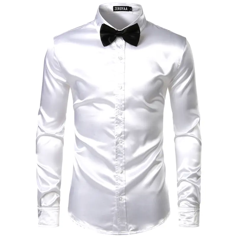 ZEROYAA Men's Fitted Luxury Shiny Silk-Like Satin Button-Up Dress Shirt - Soft Polyester, Black Long-Sleeve, Top for Casual Business & Wedding Wear