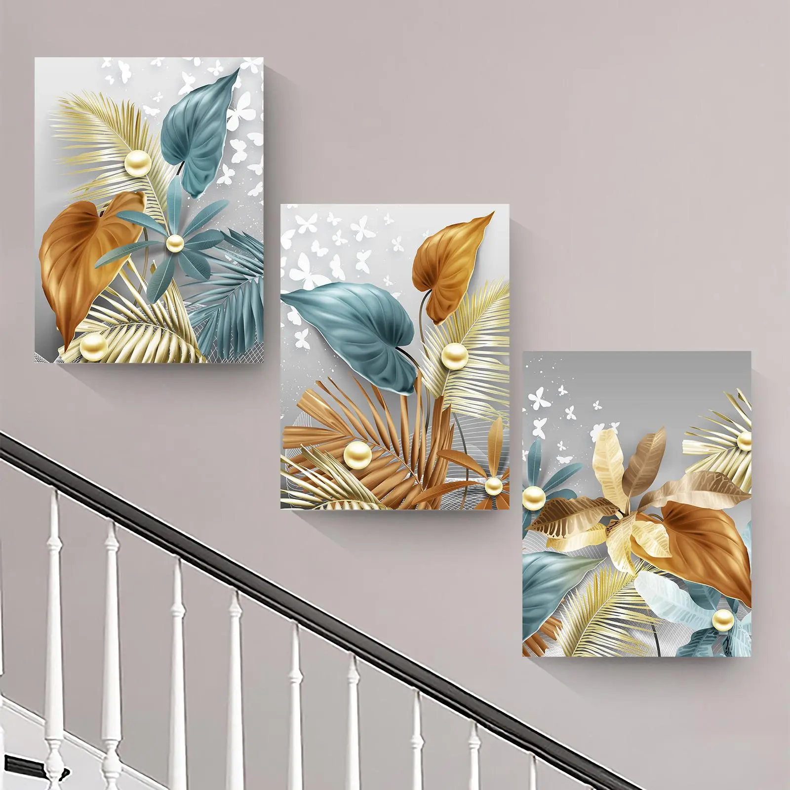 Tropical Leaf Pattern Canvas Painting with Frame, 3 Counts/set Modern Art Design, aesthetic Wall Decor for Home Living Room Bedroom, Art Wall Decoration