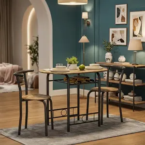 3 Piece Round Dining Table and Chair Set with Wine Storage Rack, Wood Surface Metal Frame Breakfast Dinette Set, Space Saving Design for Kitchen Dining Room Bar Home Decor