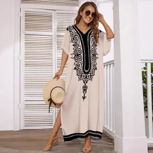Boho Embroidered Caftan Maxi Dress - Oversized Sheer Beach Cover Up for Summer Vacation,# ResortWear & Casual Beach Outfits,Large-size robe, printed beach cover-up, vacation beach skirt, bikini sunscreen cover-up