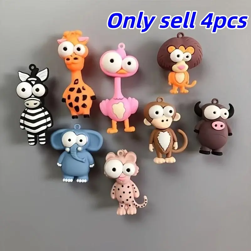 Cute Cartoon Animal Design Refrigerator Decorating Magnet, 4 Counts/set Creative Animal Shaped Magnet, Home Decor for Kitchen, Office, School, Cute Magnets for Fridge