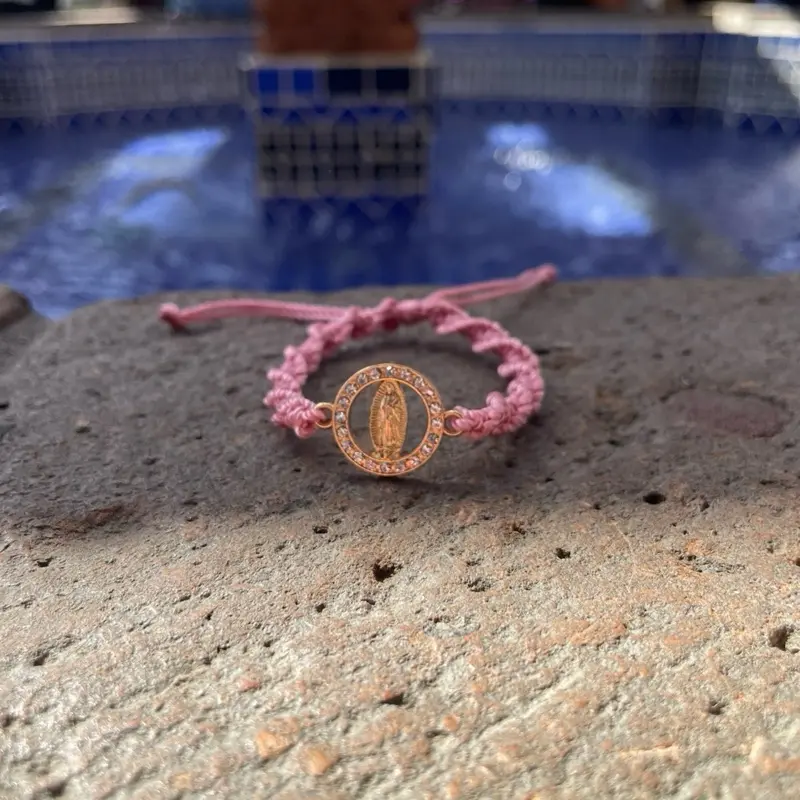 Pink Macrame Bracelet with Virgin Mary Charm - Adjustable String Design for Everyday Wear