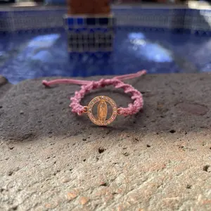 Pink Macrame Bracelet with Virgin Mary Charm - Adjustable String Design for Everyday Wear