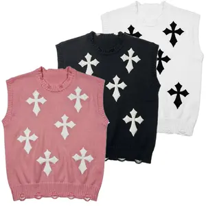 HYPESTFIT 3-pack Men's Cross-Terry Embroidery Crew Neck Frayed Edge Knitted Vest Street Style Sleeveless Sweater Distressed Hem Casual Loose Fit