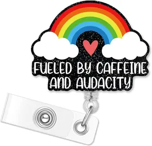Fueled by Caffeine and Audacity Retractable Black Glitter Badge Reel with Clip, Funny Rainbow ID Card Badge Holder  for  Doctors Office Worker Social Worker Coffee Lovers