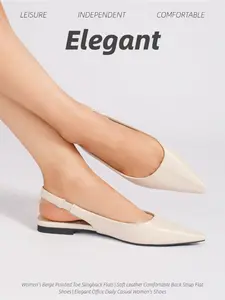 Women's Beige Pointed Toe Slingback Flats | Soft Leather Comfortable Back Strap Flat Shoes | Elegant Office Daily Casual Shoes for Women,Women's Pointed Toe Back Strap Flats, Soft Leather Comfortable Slip-On Shoes, Elegant Commuter Casual Daily Wear