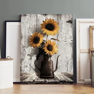 Sunflower Pattern Wall Art, Vintage Canvas Wall Decor with Frame, Modern Floral Paintings, Modern Wall Poster for Home Living Room Bedroom Office Gallery, Ornaments