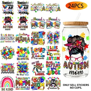 UV DTF Transfer Stickers - 24Pcs/Set Autism Awareness Puzzle Quotes Theme UV DTF 16OZ DIY Transfer Stickers For 16 Oz Water Bottle Glass Jar Laptop Home Decor DIY High Viscosity Transfer Paper Sticker Packs Vinyl Stickers