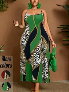 【Plus-Size】1 Piece Leopard & Baroque Print Spaghetti Strap Maxi Dress, Boho Luxe Style, Stretchy Bodycon Fit & Geometric Color-Block Detail, For Curvy Women, Perfect for Vacation, Brunch & Evening Events, TikTok Viral Find