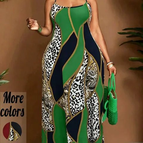 1 Piece Plus Size Leopard and Baroque Print Spaghetti-Strap Maxi Dress, Boho Luxe Style Stretchy Bodycon Dress with Colorblock Detail for Curvy Women, Perfect for Vacation, Brunch & Evening Events, Colorblock Knit Dress
