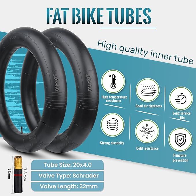 Hycline Fat Bike Inner Tube: 20/26x4.0 Inch 2-Pack Electric Fat Tire Tubes AV 32mm Schrader Valve, Premium Butyl Rubber Puncture Resistant Replacement T