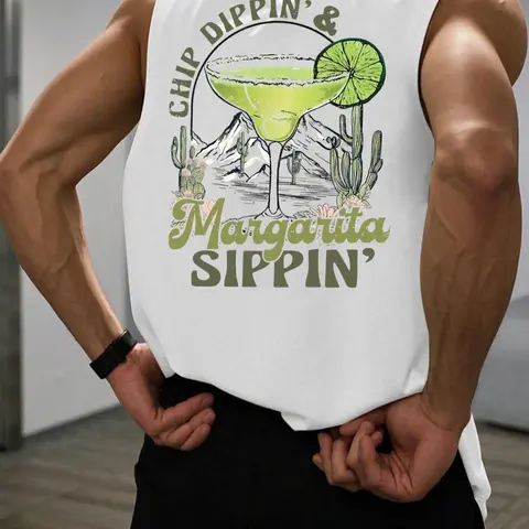 Men's Cartoon & Letter Print Round Neck Muscle Tank Top, Sleeveless Tanks, Regular Fit Casual Sleeveless Crew Neck Top for Summer, Men's Clothes for Daily Wear, menswear, Socks