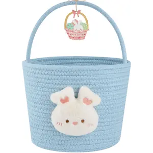 Blue Easter Basket with Handle - Personalized Bunny Woven Rope Basket for Kids. An Empty Gift Basket Ideal for Eggs, Perfect as Baby Treasure Hunt Baskets with a Wooden Card for Boys and Girls