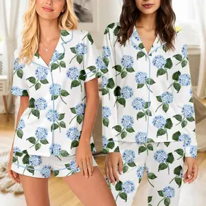 Blue Hydrangea Satin Pajamas Set, Watercolor Floral Pjs Silky Sleepwear Luxury Flower Loungewear Cute Matching Pajama Set Gift