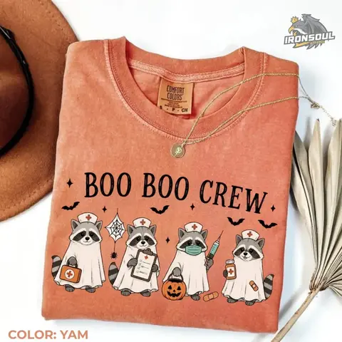 Comfort Colors Boo Boo Crew Raccoon Nurse Shirt, Funny Ghost Nurse Graphic Tee, Halloween RN T-shirt, Spooky Season Healthcare Apparel, Apparel Made In The US - IronSoul Apparel