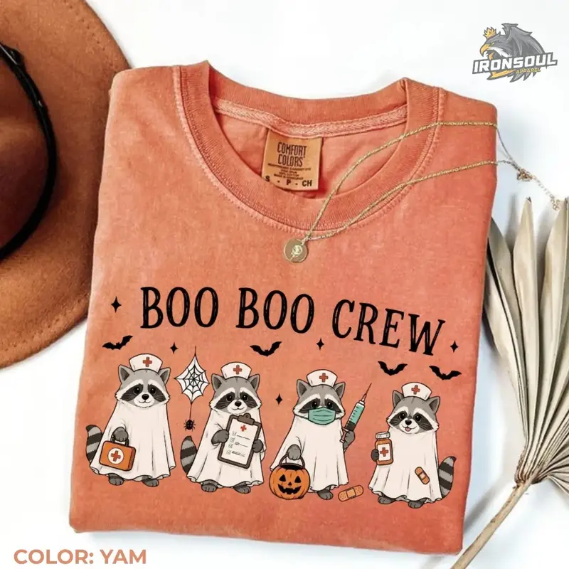 Comfort Colors Boo Boo Crew Raccoon Nurse Shirt, Funny Ghost Nurse Graphic Tee, Halloween RN T-shirt, Spooky Season Healthcare Apparel, Apparel Made In The US - IronSoul Apparel