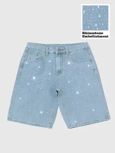 Men's Casual Loose Fit Denim Shorts, Light Wash, Rhinestone Design, All Seasons, Street Style, Streetwear, Fitted, Plain Pattern, Pocketed Jeans