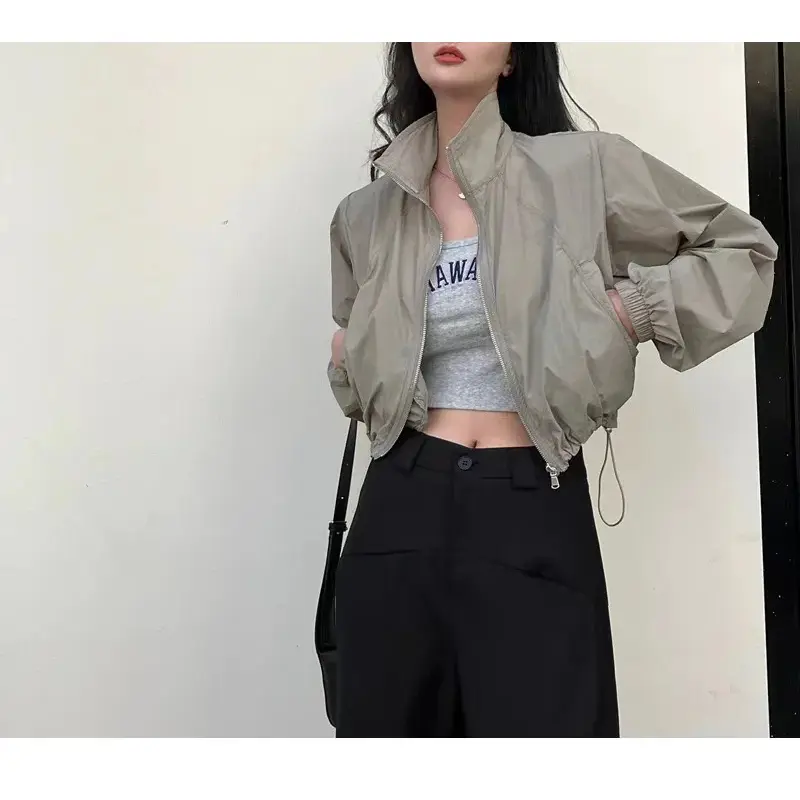 Autumn Vintage Women's Windbreaker Cropped Jackets Harajuku Oversized Streetwear Long Sleeve Fashion Female Elegant Top
