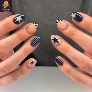 Navy Star Minimal Press On Nails, Nude Base with Blue Star, Stripe & Leopard Tip Accent, Handmade Reusable False Nails for Daily Wear