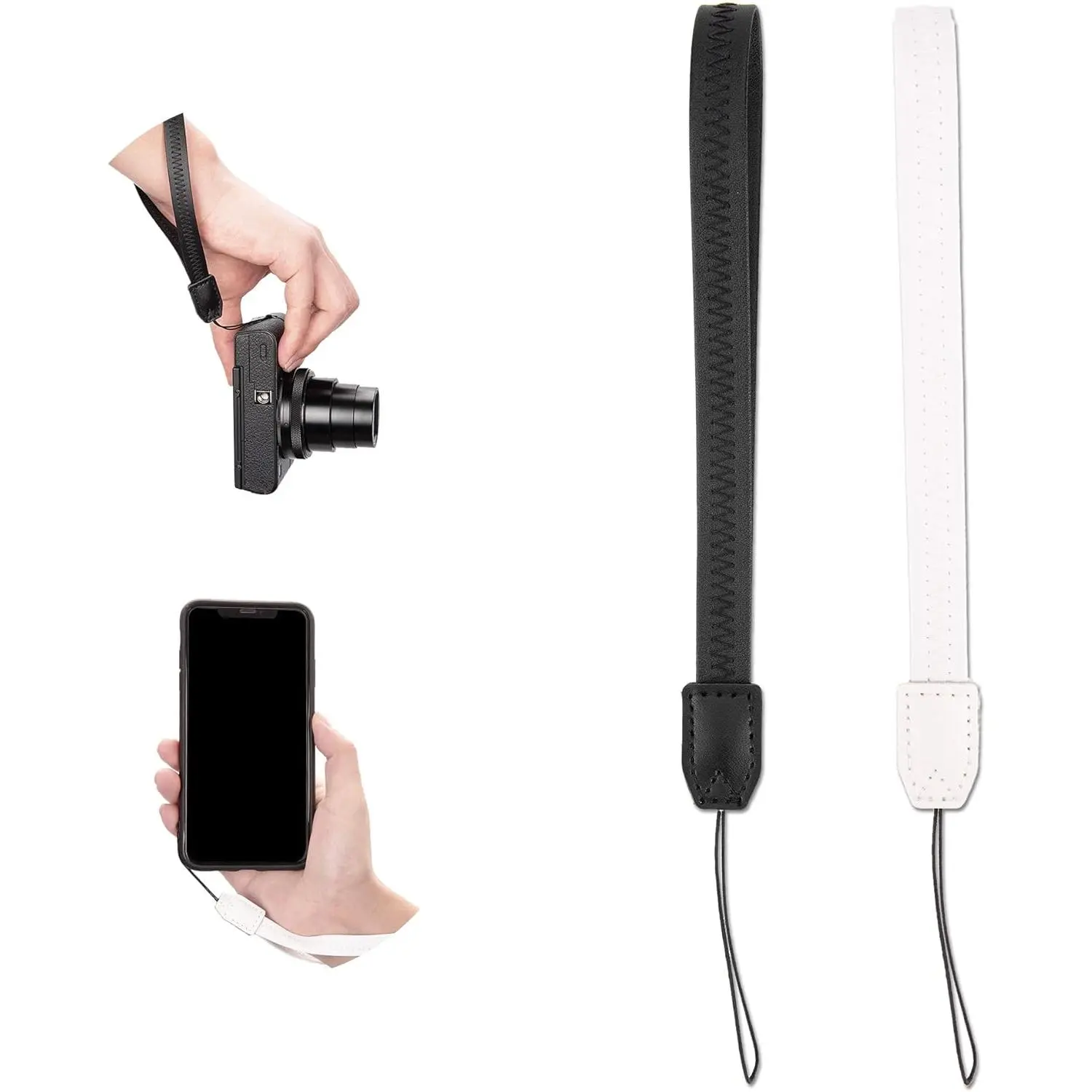 2 Pack (Black & White) 9.25'' Durable PU Short Lightweight Camera Hand Wrist Strap Wristlet Lanyard Phone Keychain String Badge Straps for  USB Flash Drive Cellphone Keys Wallet Charm Decor