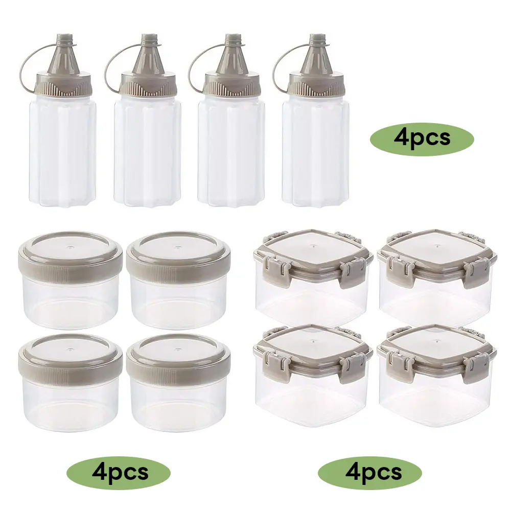 12-Pcs Multi-Size Seasoning Containers Set - Transparent Plastic Canisters (Round/Square), Sealed Covers, 4 Mini Sauce Bottles, Compact Organizer for Barbecue, Lunch-Bag Ready