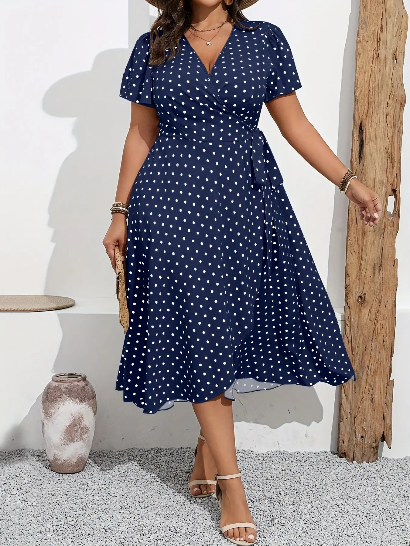 Plus Size Women's Polka Dot Casual Wrap Dress, Casual Beach Sundress, Casual Wear, Flowy Print Fabric, Commute Vacation Summer Everyday, V Neck Waist Cinch Midi Dress Vneck Tklx270