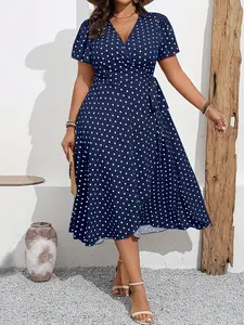 Plus Size Women's Polka Dot Casual Wrap Dress, Casual Wear, Flowy Print Fabric, Commute Vacation Summer, V Neck Waist Cinch Midi Dress Tklx270
