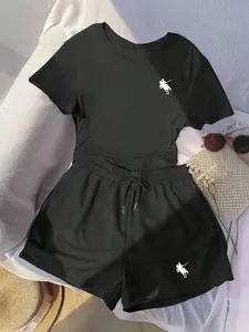 Women's 2-Pack Black Casual Set, Cropped Short-Sleeve Fitted T-Shirt & Drawstring Shorts with Polo Rider Graphic, Soft Comfortable Fabric Trendy Outfit for Daily Wear, Weekend Hangouts & Casual Looks, Ideal for Fashionable Women