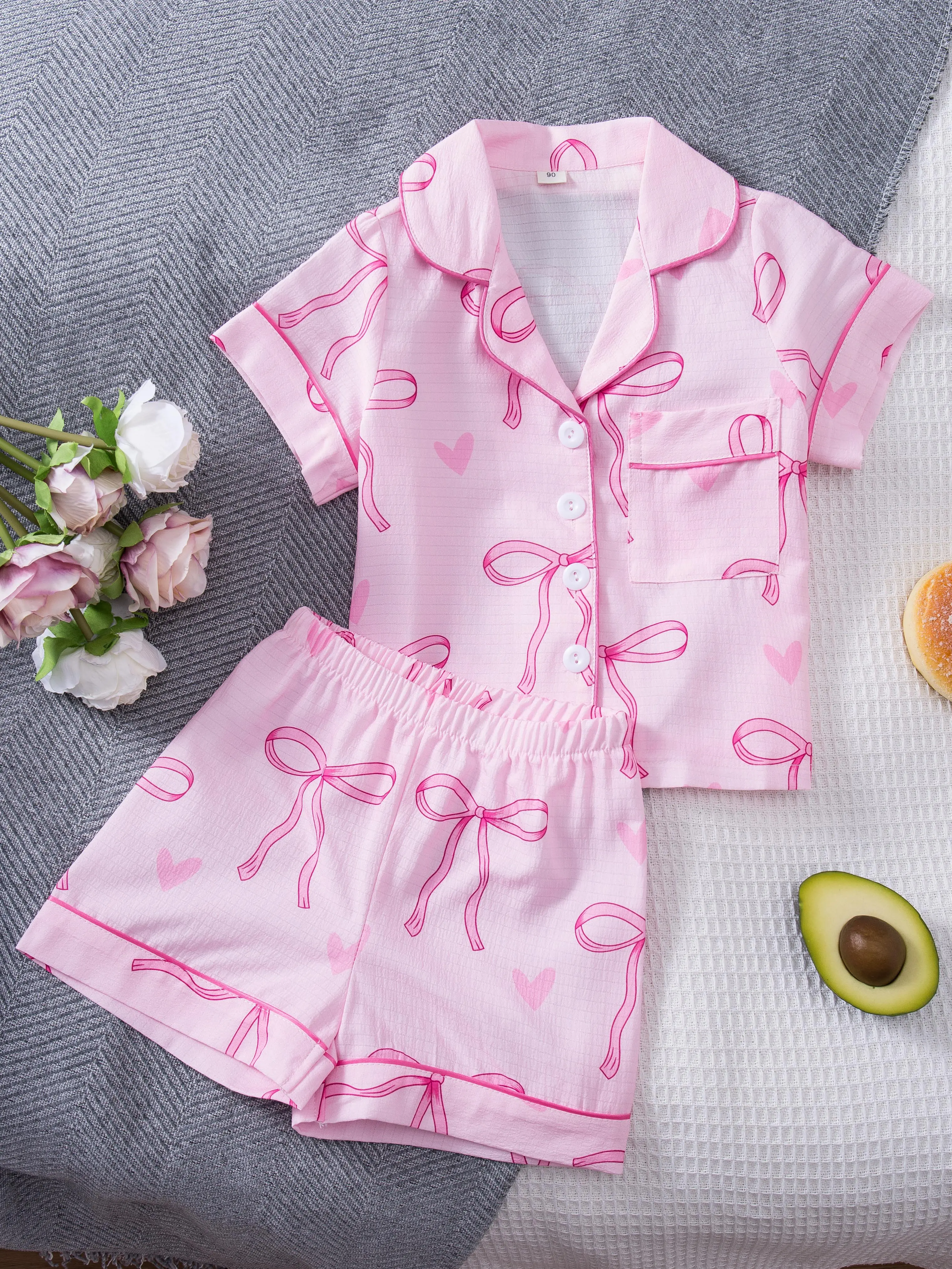 Girls’ Sweet Bow & Heart Children’s Pajama Set – Pink bubble crinkle fabric is comfortable and skin-friendly; cute, sweet loungewear that supports sleep. Sizes 90–130 cm. New arrival!