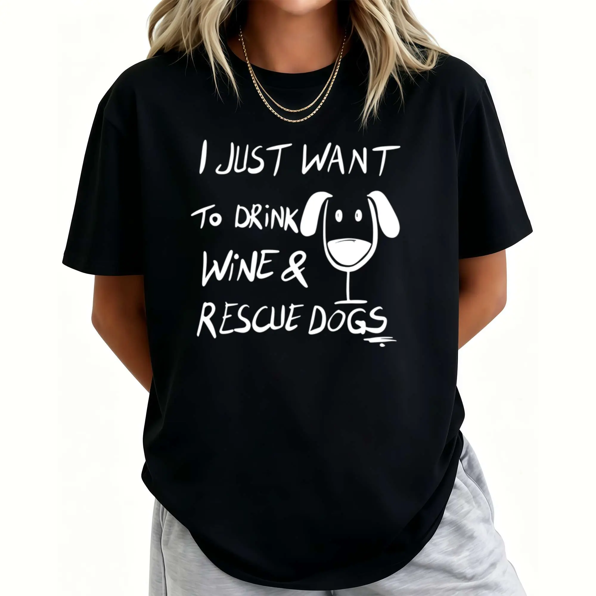 I-Just-Want-to-Drink-Wine Graphic T-Shirt for Men & Women - 100% Retro Wine & Rescue Dogs Design, Funny Pet Lover & Wine Enthusiast Apparel, Casual Round Neck Short Sleeve Tee for Casual Attire