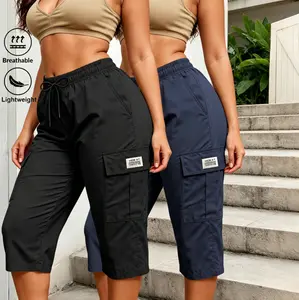 2PC Women's Cargo Capri Pants Elastic Waist Drawstring Solid Color Loose Sweatpants with Flap Pockets Daily Street Wear Casual Outdoor Women's Clothing
