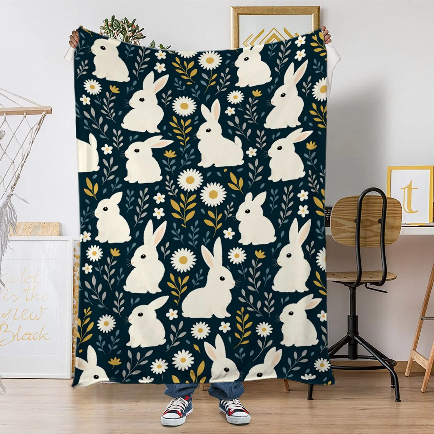 1 white rabbit and flower patterned blanket, featuring alternating white rabbits and small white flowers on a dark green background; Suitable for air conditioning nap blanket, office blanket, camping blanket, gravity throw blanket, sofa towel, living room