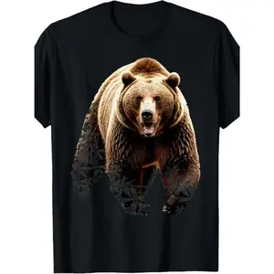 Grizzly Bear Graphic Print T-Shirt for Men Women Couple, Street Casual Short Sleeve Cotton Tee -Ultra-Soft, Comfortable Breathable, Moisture-Wicking, Daily Wear, All Season, Black Men XXX