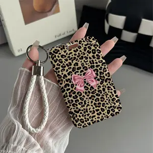 Pink Bow Leopard Pattern Design Plastic Id Card Holder Badge Holder With Lanyard for Doctors, Nurses, Students-Bus Card Case, Campus Card Protector Perfect Halloween Christmas Gift