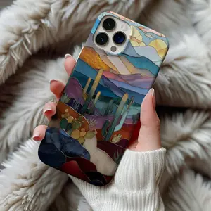 Stained Glass Cactus Phone Case, Artful Trendy Desert Landscape Western Southern Boho Gift Tough Case. Case for IP 11 12 13 14 15 16 17 Pro, Plus, Promax, S21,22,23,24,25 Ultra, Tough Case, Magsafe Case