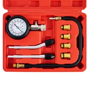 9-piece automotive compression tester set, universal automotive and motorcycle engine testing tools, with M10, M12, M14, and M18 adapters, and a cylinder pressure gauge (red).