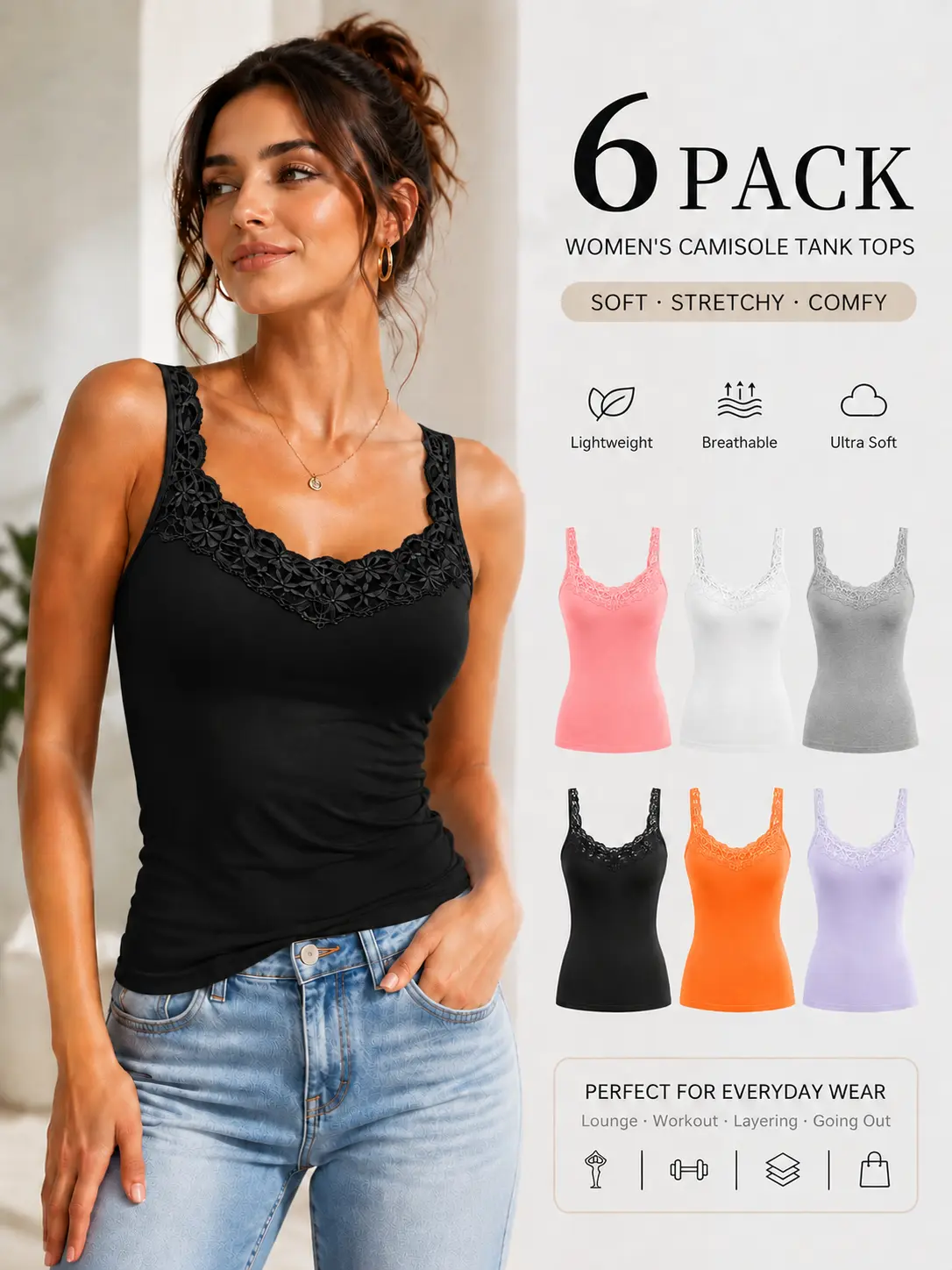 【6 Pack】Womens Lace Tank Tops , Sleeveless Camisole for Women, Soft Stretch Ribbed Cami Shirts, Floral Lace Trim Scoop Neck Basic Tank Tops, Casual Layering Undershirt, Workout Yoga Summer Tops, Black White Gray Pink Purple Orange S-XXL Free shipping