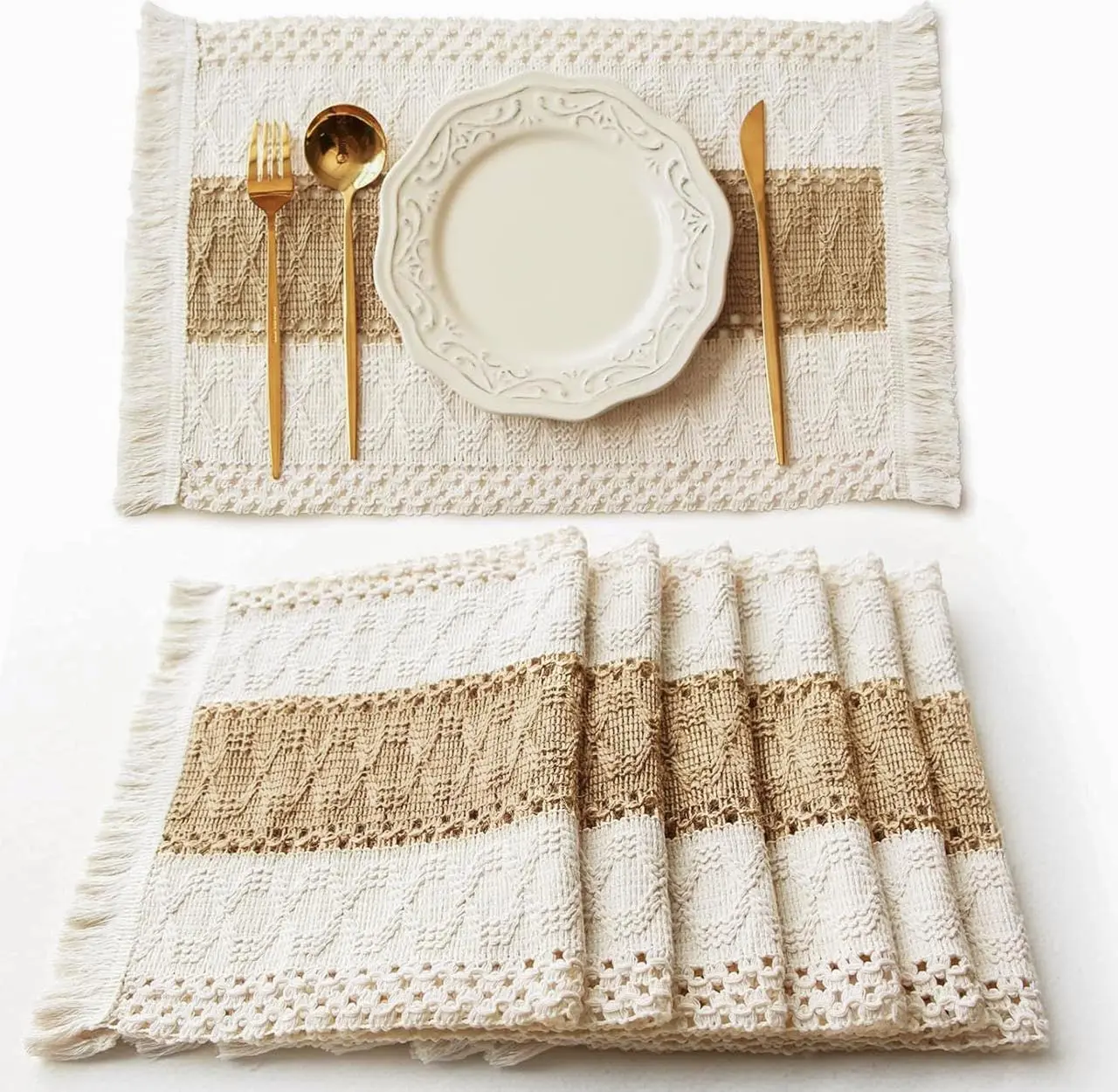 6pcs Set-Brown Square Boho Macrame Placemats, Natural Cotton Burlap Farmhouse-Style Beige, Kitchen & Dining Table Centerpiece Decor, Spring Kitchen Glow Up Accessory