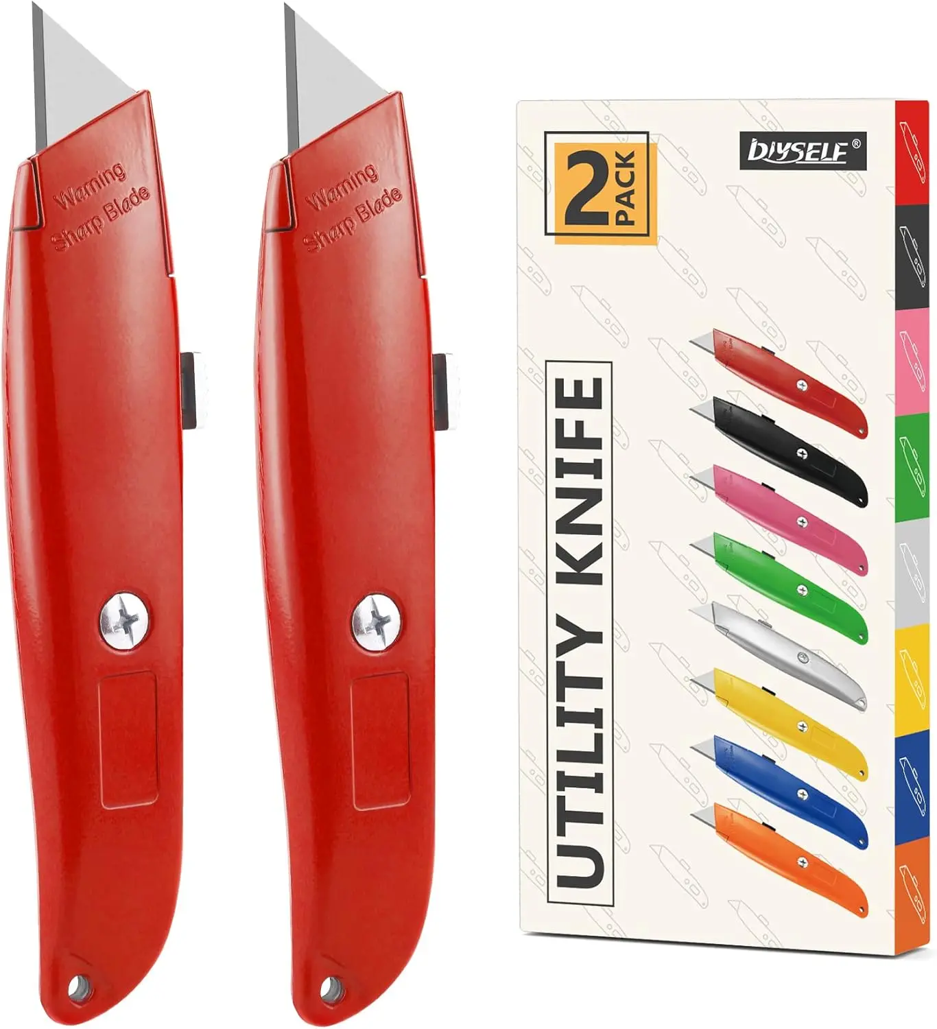 DIYSELF 2 Pack Utility Knife Box Cutter Retractable PVC Pipe Cutter | Heavy-Duty Box Cutters, Razor Blade Cardboard Knife for Cartons, Carpet, Paper, Box Knife for Home, Office and Warehouse Use