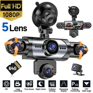 5-Lens HD Car Dash Cam, 1080P Front + 720P Surround Coverage, 360° Full Monitoring, Night Vision, Reversing Camera, Motion Detection, Loop Recording, 64GB Included – Car Camera & Vehicle Security System