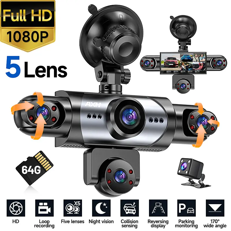5-Lens Dash Camera Car – 1080P Front + 720P Full 360° Coverage, Night Vision, Parking Assist, Motion Detection, Loop Recording, 64GB Card Included Car Dashcam Car Driving Recorder