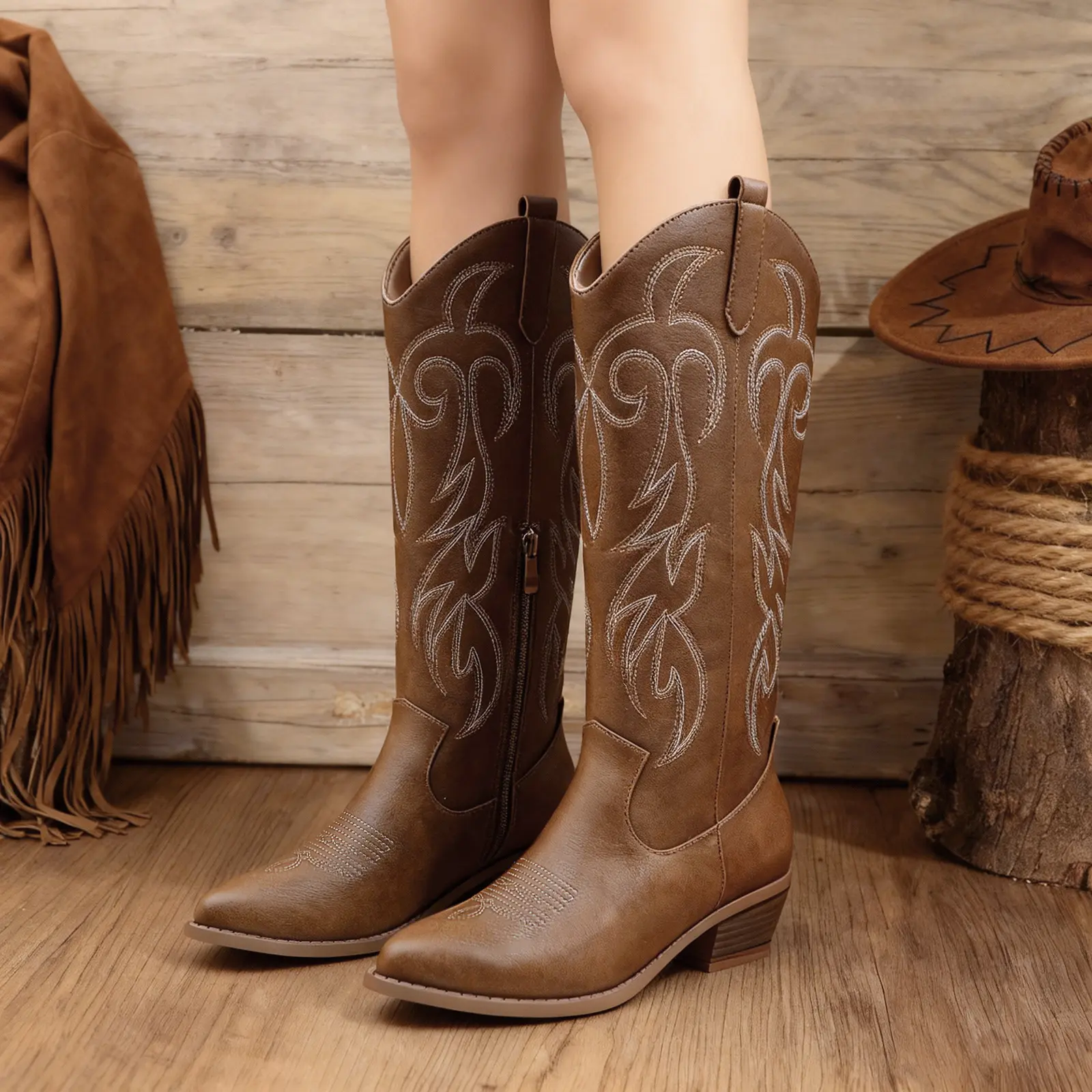 Women's Embroidered Western Vintage Cowgirl Boots - Pointed Toe Block Heel for Country Concerts & Boho Styling, Unique Embroidery, Comfortable Block fashion cow girl perfect Heel Western Boots Walking Shoes Footwear winter boots