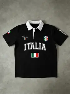 ITALIA Flag Graphic Contrast Collar Polo Shirt - Oversized Fit With Emblem Prints, Badge And 'ITALIAN' Sleeve Lettering, Ideal For Daily Wear, Street Style Outings, Social Gatherings - Unisex Preppy Polo Featuring Bold Nationa