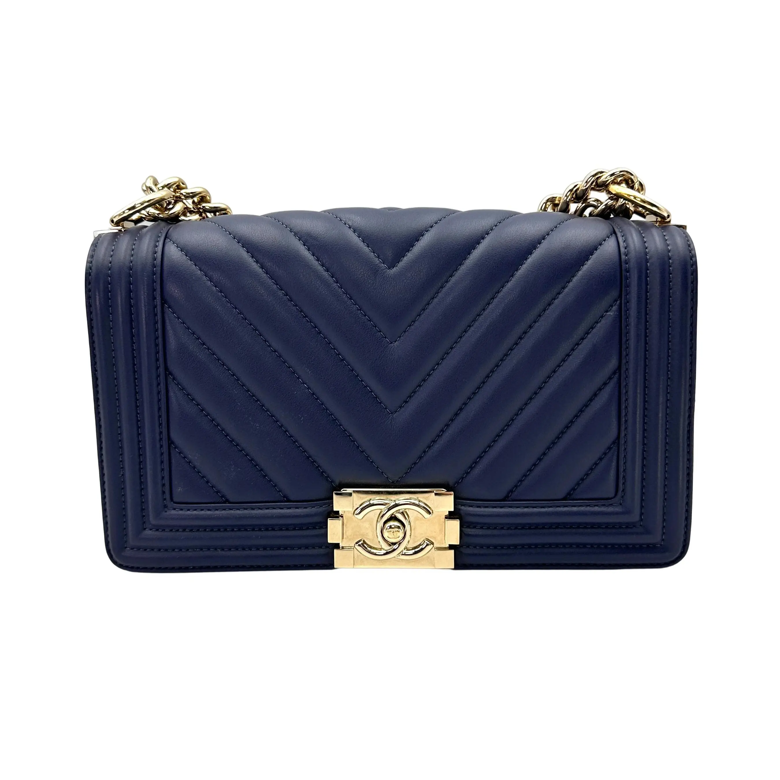Pre-owned CHANEL Calfskin Shoulder Bags CLEARANCE LeBoy Navy Chevron Medium Flap With Gold Buckle(27***16) CC2439