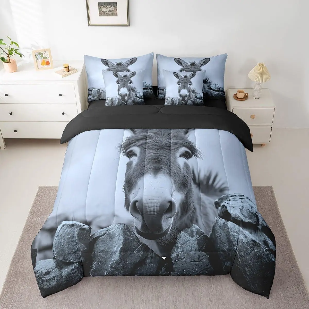 Funny Donkey Comforter Set,7 Piece Farm Animal Bed in A Bag for Kids Adults,Grey Retro Donkey Bedding Set,Donkey Bed Sheets Set with Comforter